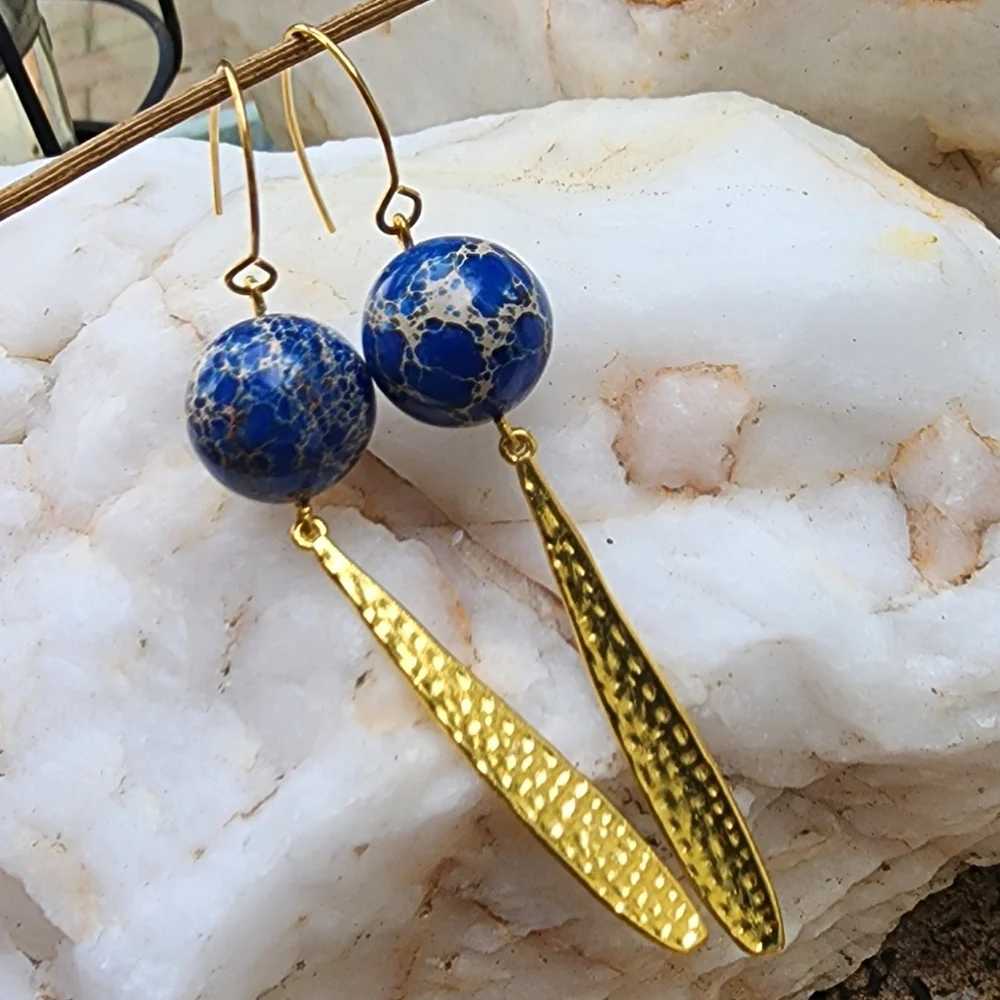 Natural Ocean Jasper 14K Gold plated Dangling Hypoallergenic Earrings